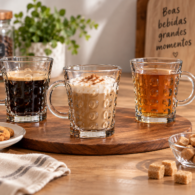 Conjunto de três canecas de vidro com relevo, servindo café, cappuccino e chá em uma composição sobre tábua de madeira.
